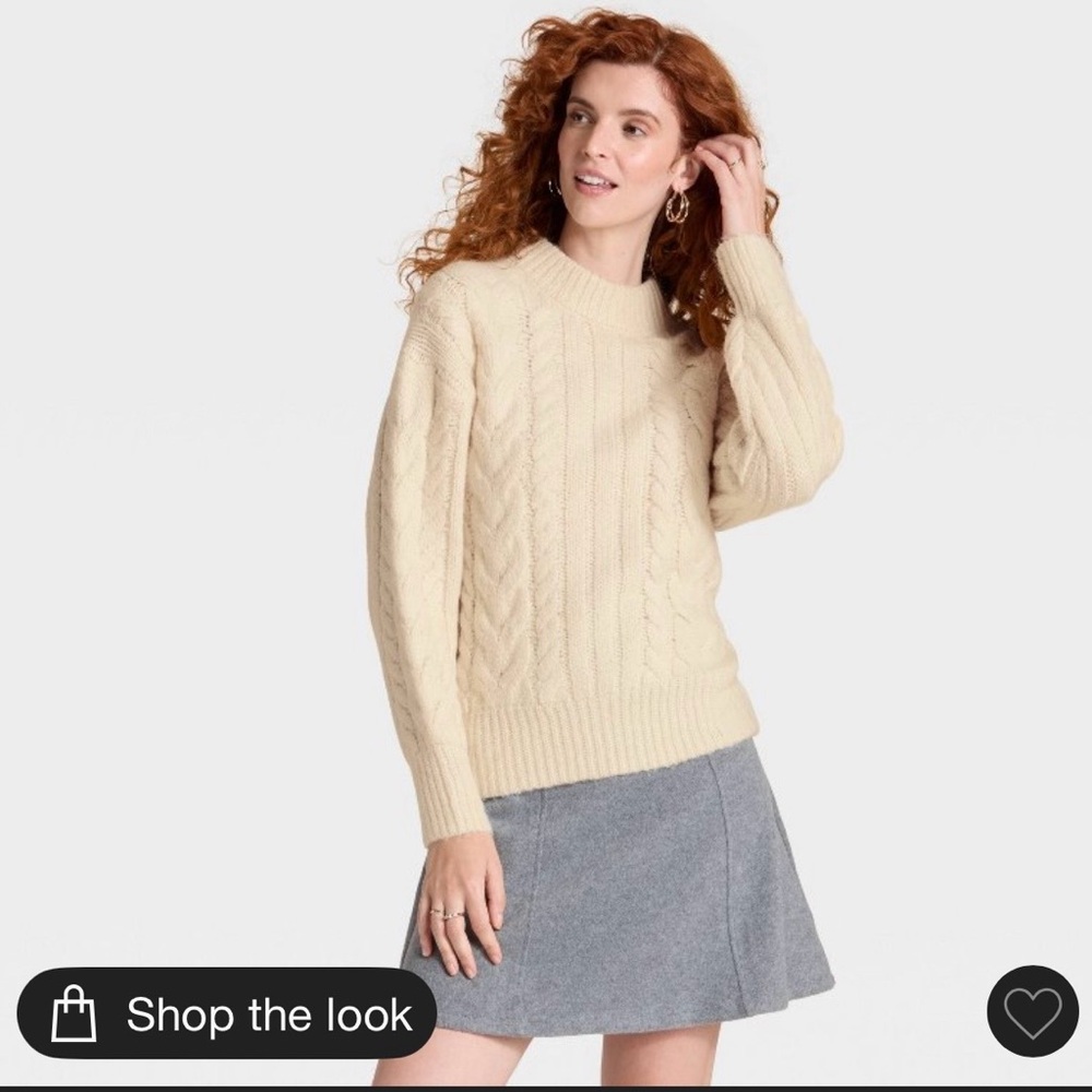 A New Day Women's XL round neck cable sweater with cuffed sleeve in cream